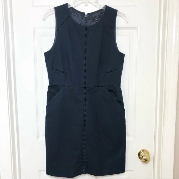 J Crew Cotton Blend Navy Blue Ladder Stitch Pockets Sheath Career Dress 10P - Picture 2 of 15